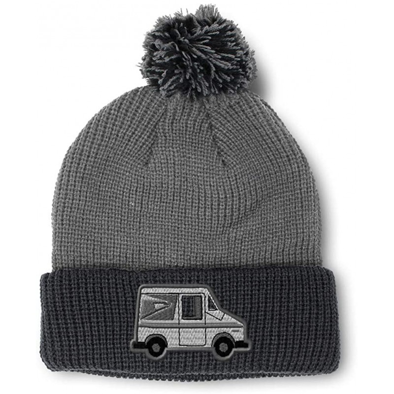 Skullies & Beanies Custom Pom Pom Beanie Mailman Truck Postal A Embroidery Acrylic - Grey Black - CC18A0E2RNQ $14.08