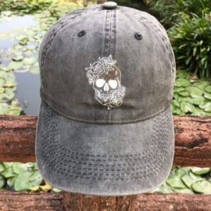 Baseball Caps Women's Floral Skull Baseball Caps Adjustable Washed Denim Dad Hat Black - C7196LW9DWS $11.03