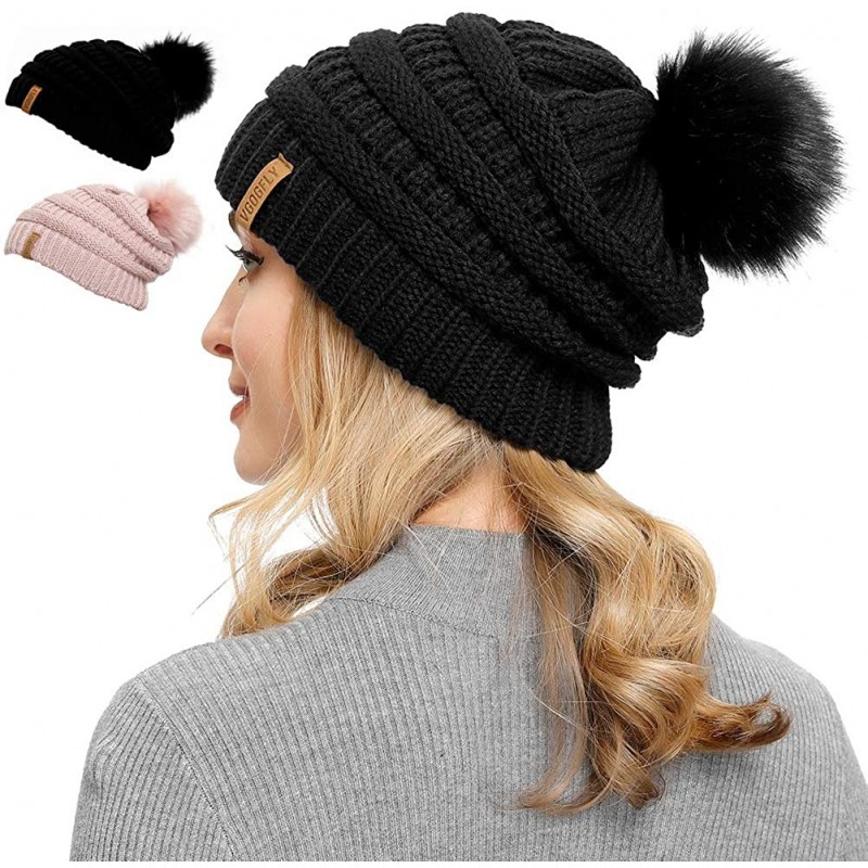 Skullies & Beanies Slouchy Beanie for Women Winter Hats Knit Warm Skull Ski Cap Faux Fur Pom Pom Hat Warm Ski Baggy Cap - C01...