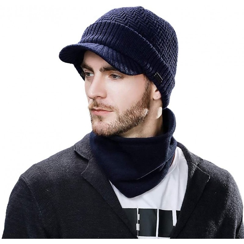 Newsboy Caps Unisex Knit Beanie Visor Cap Winter Hat Fleece Neck Scarf Set Ski Face Mask 55-61cm - 69311-navy Set - C918KM9IH...