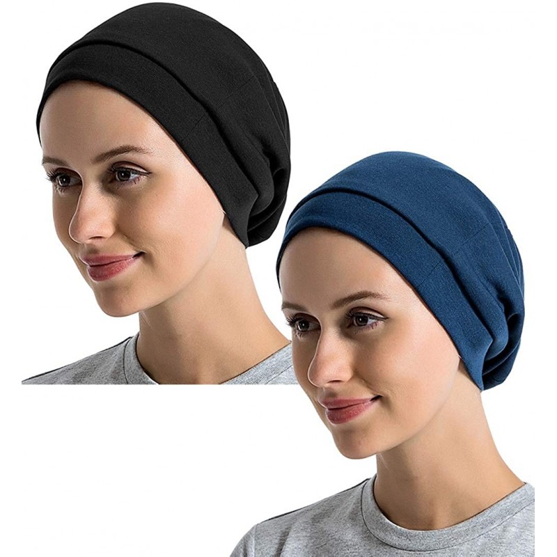 Skullies & Beanies Satin Lined Sleep Cap Cotton Slap Hat Slouchy Beanie Night Bonnet - Black+navy-2 Pair - CJ18Z5DQ68A $13.83