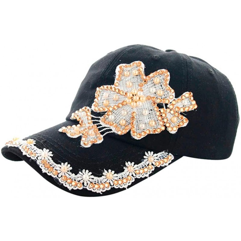 Baseball Caps Women Lace Denim Rhinestone Baseball Cap Floral Snapback Flat Hat - Black - C3183LHLHQM $10.46