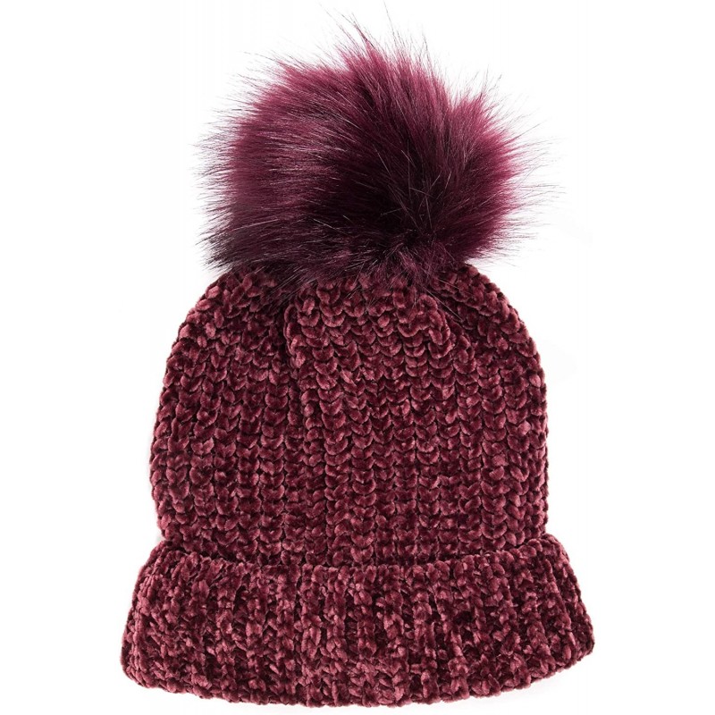 Skullies & Beanies Women's Chenille Pom Cuff Cap - Burgundy - C118W4OCO2E $14.37