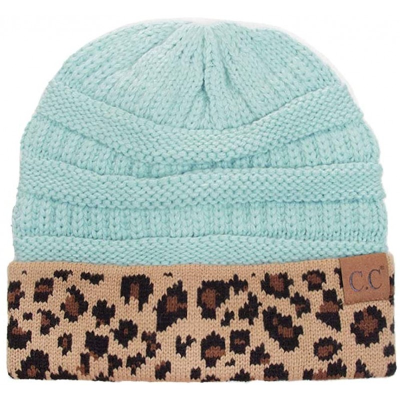 Skullies & Beanies Women Classic Solid Color with Leopard Cuff Beanie Skull Cap Mint - CO18HTIMKG5 $16.69