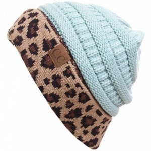 Skullies & Beanies Women Classic Solid Color with Leopard Cuff Beanie Skull Cap Mint - CO18HTIMKG5 $16.69