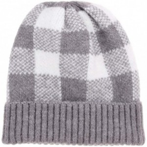 Skullies & Beanies Winter Soft Stretch Buffalo Plaid Cuff Beanie Hat Thick Chunky Warm Knit Skull Ski Cap - Grey/White - CU18...