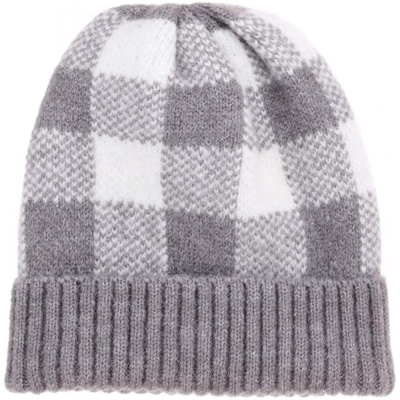 Skullies & Beanies Winter Soft Stretch Buffalo Plaid Cuff Beanie Hat Thick Chunky Warm Knit Skull Ski Cap - Grey/White - CU18...