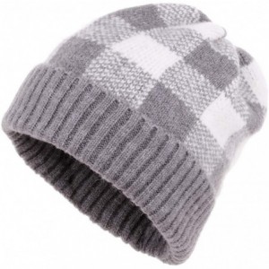 Skullies & Beanies Winter Soft Stretch Buffalo Plaid Cuff Beanie Hat Thick Chunky Warm Knit Skull Ski Cap - Grey/White - CU18...