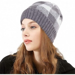 Skullies & Beanies Winter Soft Stretch Buffalo Plaid Cuff Beanie Hat Thick Chunky Warm Knit Skull Ski Cap - Grey/White - CU18...