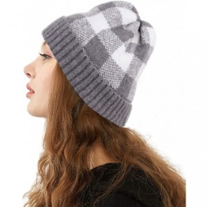 Skullies & Beanies Winter Soft Stretch Buffalo Plaid Cuff Beanie Hat Thick Chunky Warm Knit Skull Ski Cap - Grey/White - CU18...