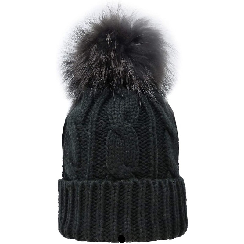 Skullies & Beanies Women's Winter Trendy Warm Faux Fur Pom Pom Fashion Knit Beanie Hats MM3003 - Raccoon Fur - Black - C218IN...