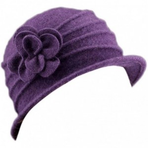 Fedoras Women 100% Wool Solid Color Round Top Cloche Beret Cap Flower Fedora Hat - 3 Purple - CL186WY2L5A $13.03