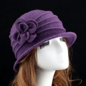 Fedoras Women 100% Wool Solid Color Round Top Cloche Beret Cap Flower Fedora Hat - 3 Purple - CL186WY2L5A $13.03
