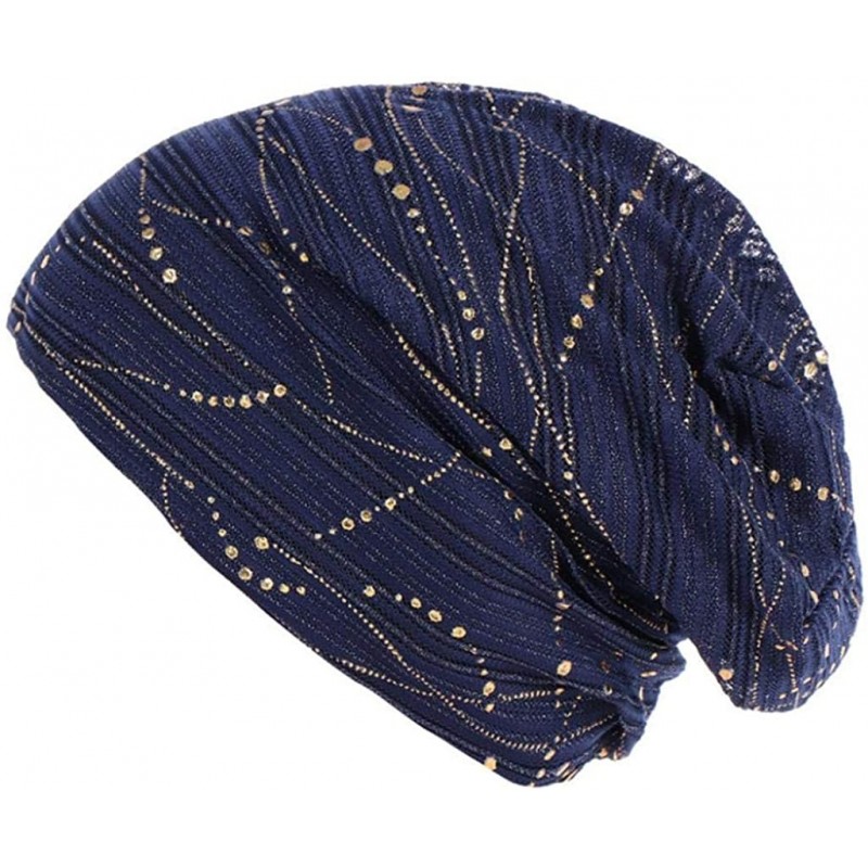 Skullies & Beanies Womens Floral Beanie Hat Chemo Cap Stretch Slouchy Turban Scarf Headwear - Navy - CM18H0YOAMT $8.23