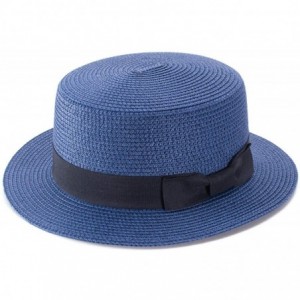 Sun Hats Womens Mini Straw Boater Hat Fedora Panama Flat Top Ribbon Summer A456 - Navy Blue - CO185O69GC5 $18.02