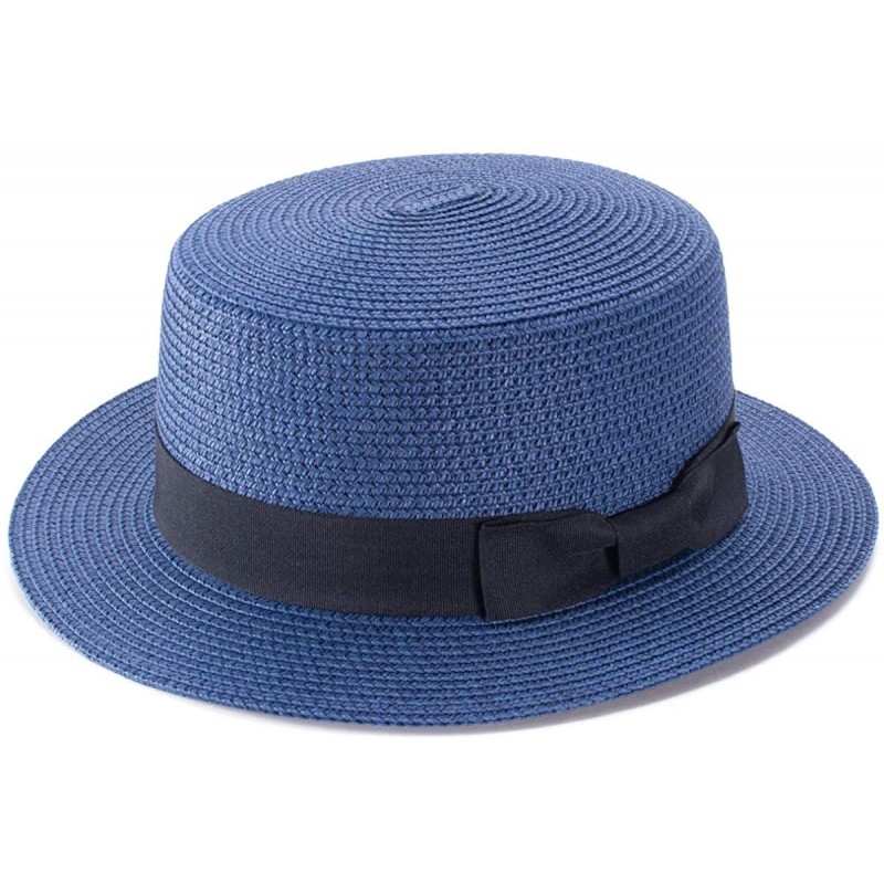 Sun Hats Womens Mini Straw Boater Hat Fedora Panama Flat Top Ribbon Summer A456 - Navy Blue - CO185O69GC5 $8.04