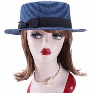 Sun Hats Womens Mini Straw Boater Hat Fedora Panama Flat Top Ribbon Summer A456 - Navy Blue - CO185O69GC5 $8.04