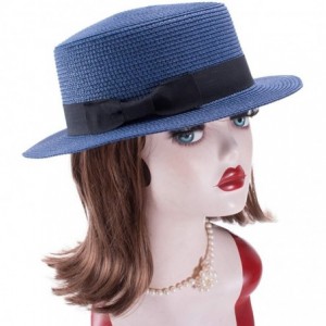 Sun Hats Womens Mini Straw Boater Hat Fedora Panama Flat Top Ribbon Summer A456 - Navy Blue - CO185O69GC5 $8.04