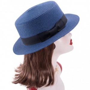 Sun Hats Womens Mini Straw Boater Hat Fedora Panama Flat Top Ribbon Summer A456 - Navy Blue - CO185O69GC5 $8.04