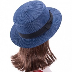 Sun Hats Womens Mini Straw Boater Hat Fedora Panama Flat Top Ribbon Summer A456 - Navy Blue - CO185O69GC5 $8.04