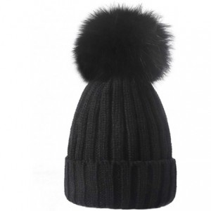 Skullies & Beanies Knitted Warm Winter Slouchy Beanie Hats with Faux Fur Pom Pom Hat Chunky Slouchy Ski Cap - Black Black - C...