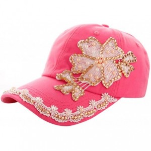 Baseball Caps Women Lace Denim Rhinestone Baseball Cap Floral Snapback Flat Hat - Hot Pink - CN182HNA6EG $7.94