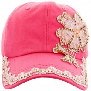 Baseball Caps Women Lace Denim Rhinestone Baseball Cap Floral Snapback Flat Hat - Hot Pink - CN182HNA6EG $7.94