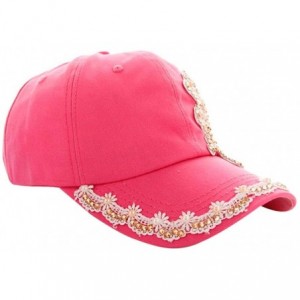 Baseball Caps Women Lace Denim Rhinestone Baseball Cap Floral Snapback Flat Hat - Hot Pink - CN182HNA6EG $7.94