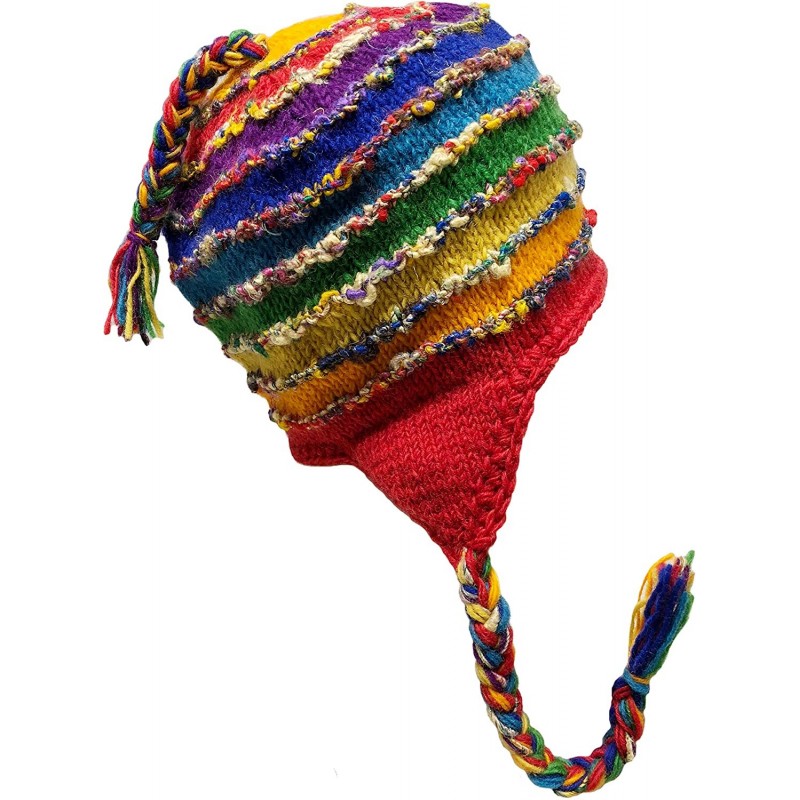 Skullies & Beanies Nepal Hand Knit Sherpa Hat with Ear Flaps- Trapper Ski Heavy Wool Fleeced Lined Cap - Rainbow X-large - CI...