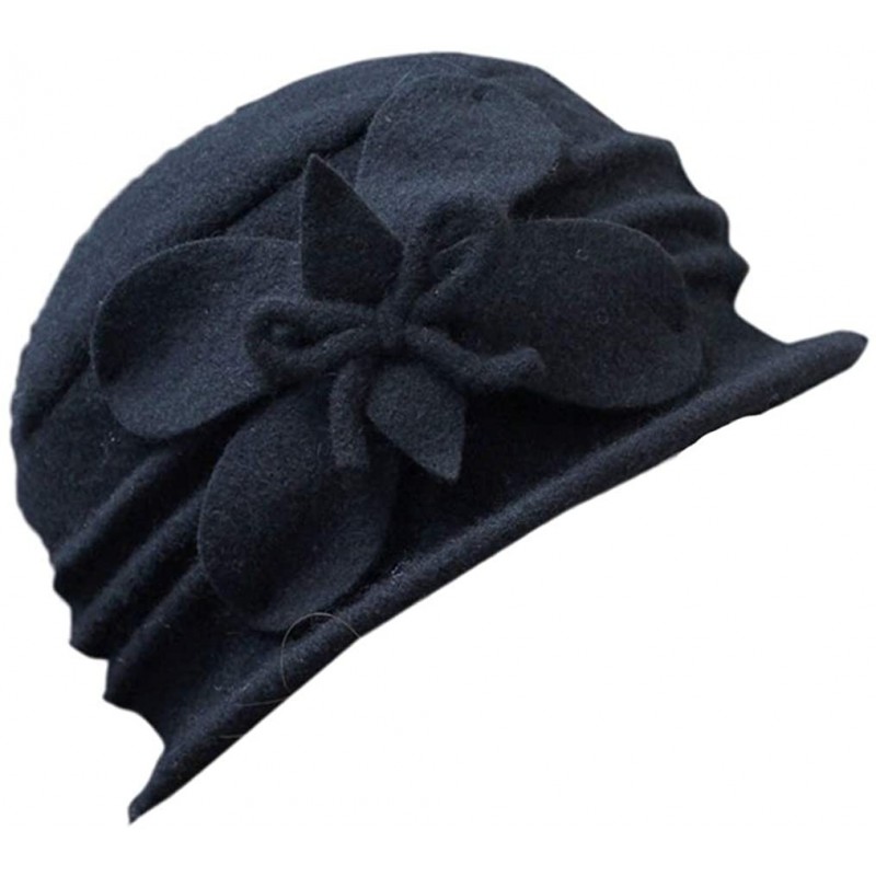 Fedoras Women 100% Wool Solid Color Round Top Cloche Beret Cap Flower Fedora Hat - 2 Black - CQ186WWRWG8 $12.98