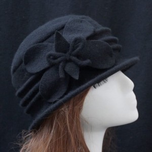 Fedoras Women 100% Wool Solid Color Round Top Cloche Beret Cap Flower Fedora Hat - 2 Black - CQ186WWRWG8 $12.98