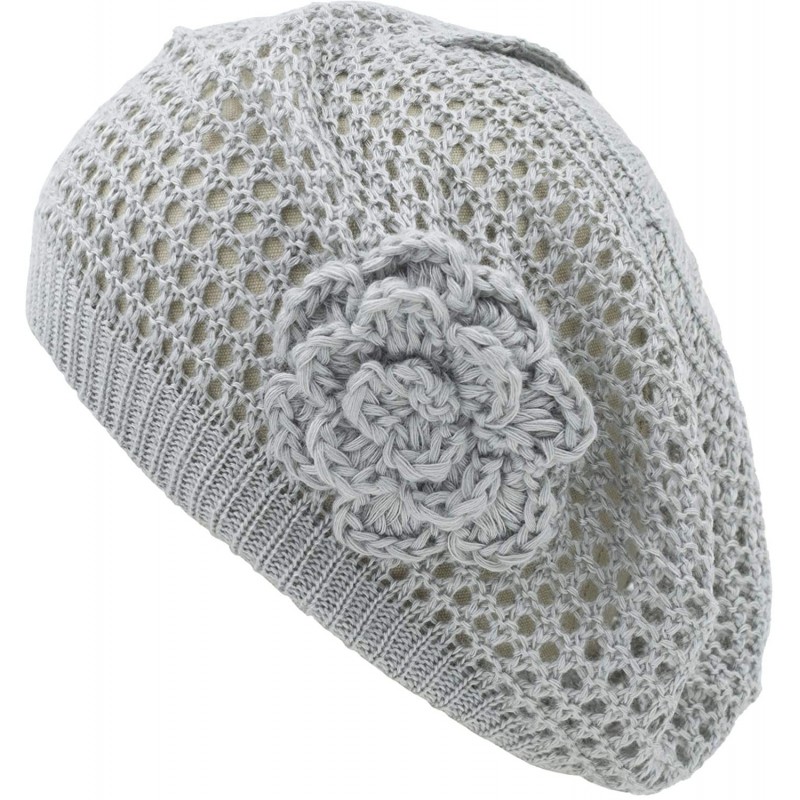 Berets Womens Crochet Hat Flower Beanie Beret Fashion Accessory Lightweight Knit Cap - Light Gray Net - CK12DE3893B $15.73