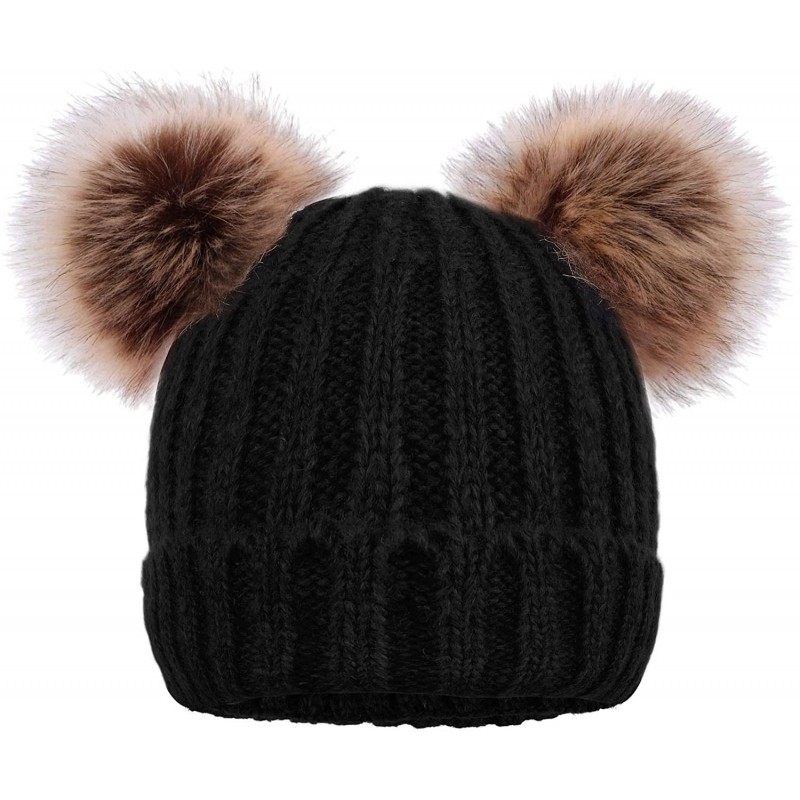 Skullies & Beanies Womens Winter Thick Cable Knit Beanie Hat with Faux Fur Pompom Ears - Black Beanie With Coffee Pompom - CP...