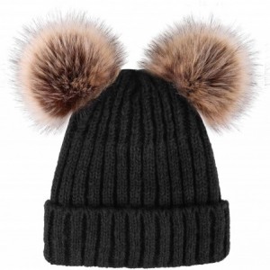 Skullies & Beanies Womens Winter Thick Cable Knit Beanie Hat with Faux Fur Pompom Ears - Black Beanie With Coffee Pompom - CP...