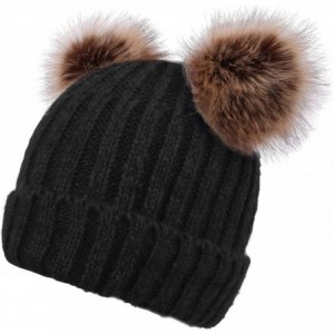 Skullies & Beanies Womens Winter Thick Cable Knit Beanie Hat with Faux Fur Pompom Ears - Black Beanie With Coffee Pompom - CP...