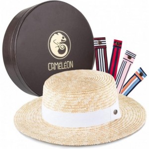 Sun Hats Womens Straw Hat - Wide Brim Sunhat with 5 Interchangeable Colored Bands - Straw - C018RLR0UKX $78.00
