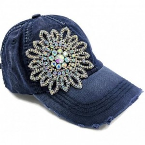 Baseball Caps Women's Large AB Iridescent Crystal Flower Distressed Baseball Cap - Navy - CR17Y0XZ56I $30.02