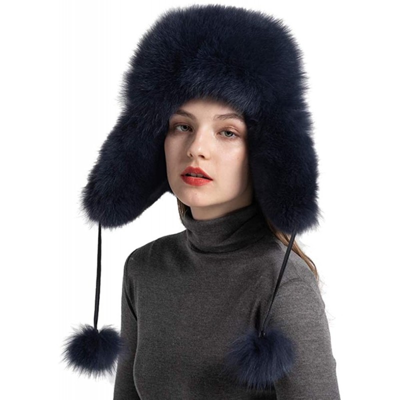 Skullies & Beanies Winter Real Fur Bomber Hat - Women's Snow Skiing Caps Ushanka Trapper Beanie Earflap Russian - Navy - CG18...