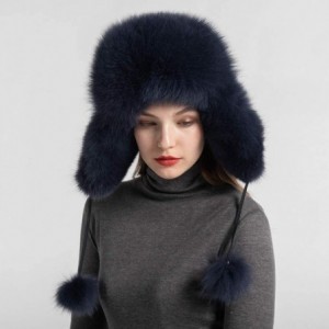 Skullies & Beanies Winter Real Fur Bomber Hat - Women's Snow Skiing Caps Ushanka Trapper Beanie Earflap Russian - Navy - CG18...