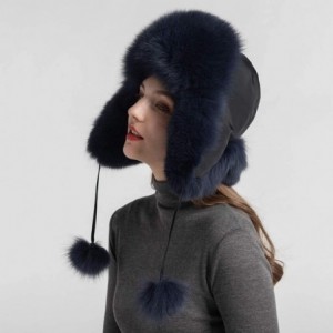 Skullies & Beanies Winter Real Fur Bomber Hat - Women's Snow Skiing Caps Ushanka Trapper Beanie Earflap Russian - Navy - CG18...