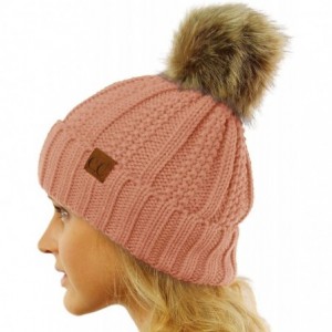 Skullies & Beanies Winter Sherpa Fleeced Lined Chunky Knit Stretch Pom Pom Beanie Hat Cap - Solid Indi Pink - C118K2Y4HSD $10.86