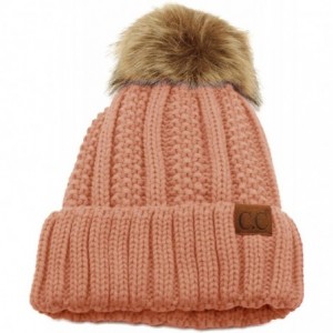 Skullies & Beanies Winter Sherpa Fleeced Lined Chunky Knit Stretch Pom Pom Beanie Hat Cap - Solid Indi Pink - C118K2Y4HSD $10.86