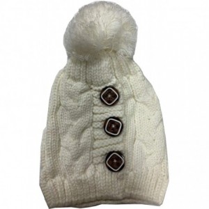 Skullies & Beanies Women Winter Faux Fur Pom Beanie Hat w/Warm Fleece Lined Thick Skull Ski Cap - Button Style - White - CM18...