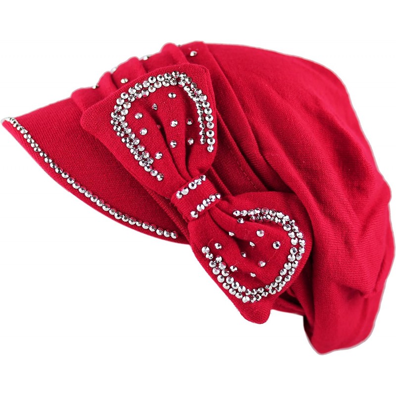 Skullies & Beanies Womens Knit Visor Beanie Cap with Ribbon and Rhinestone Hat - Red - CH126ILKZ1Z $10.26