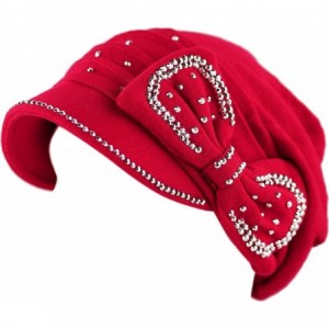 Skullies & Beanies Womens Knit Visor Beanie Cap with Ribbon and Rhinestone Hat - Red - CH126ILKZ1Z $10.26