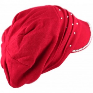 Skullies & Beanies Womens Knit Visor Beanie Cap with Ribbon and Rhinestone Hat - Red - CH126ILKZ1Z $10.26