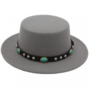 Fedoras Women Men Wool Boater Hat Wide Brim Pork Pie Cap Turquoise Rivets Leather Belt - Gray - CA18HCQ249C $15.85