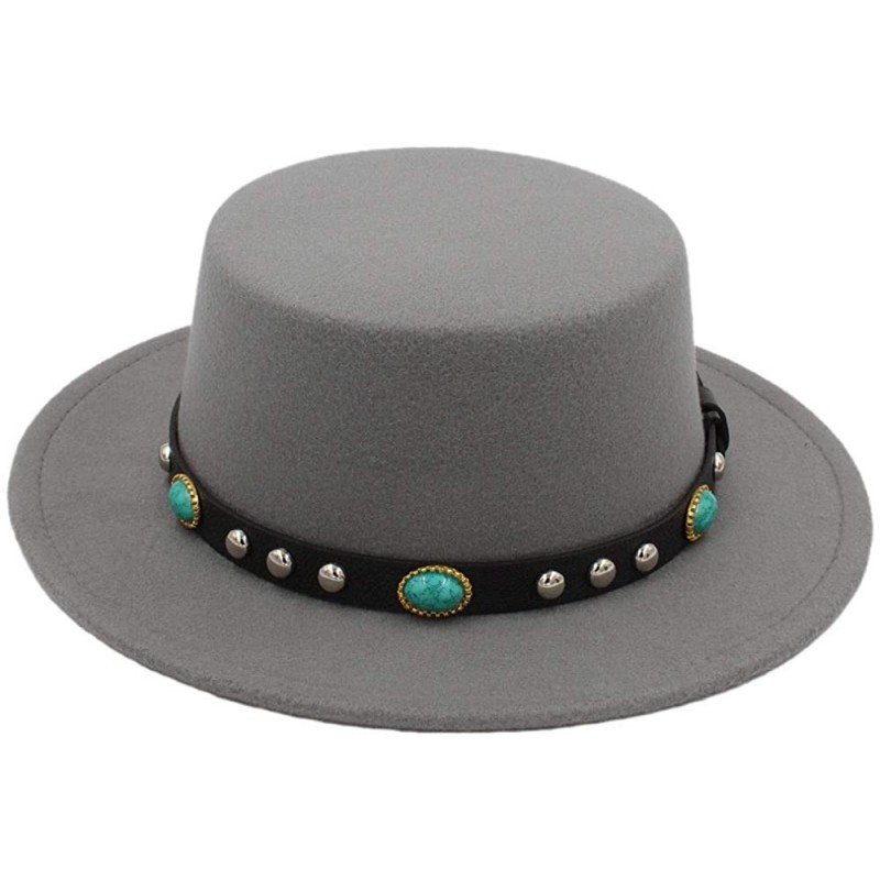 Fedoras Women Men Wool Boater Hat Wide Brim Pork Pie Cap Turquoise Rivets Leather Belt - Gray - CA18HCQ249C $15.85