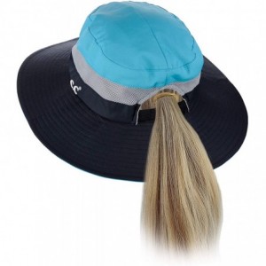 Sun Hats Safari Sun Hat Wide Brim Hat with Ponytail Hole Packable UPF 50+ for Hiking Camping - Navy/Turq - CJ18QK2I28Y $33.96