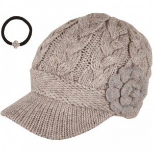 Skullies & Beanies Women's Cable Knitted Double Layer Visor Beanie Hats with Hair Tie - Beige - CO1297IXARV $35.60